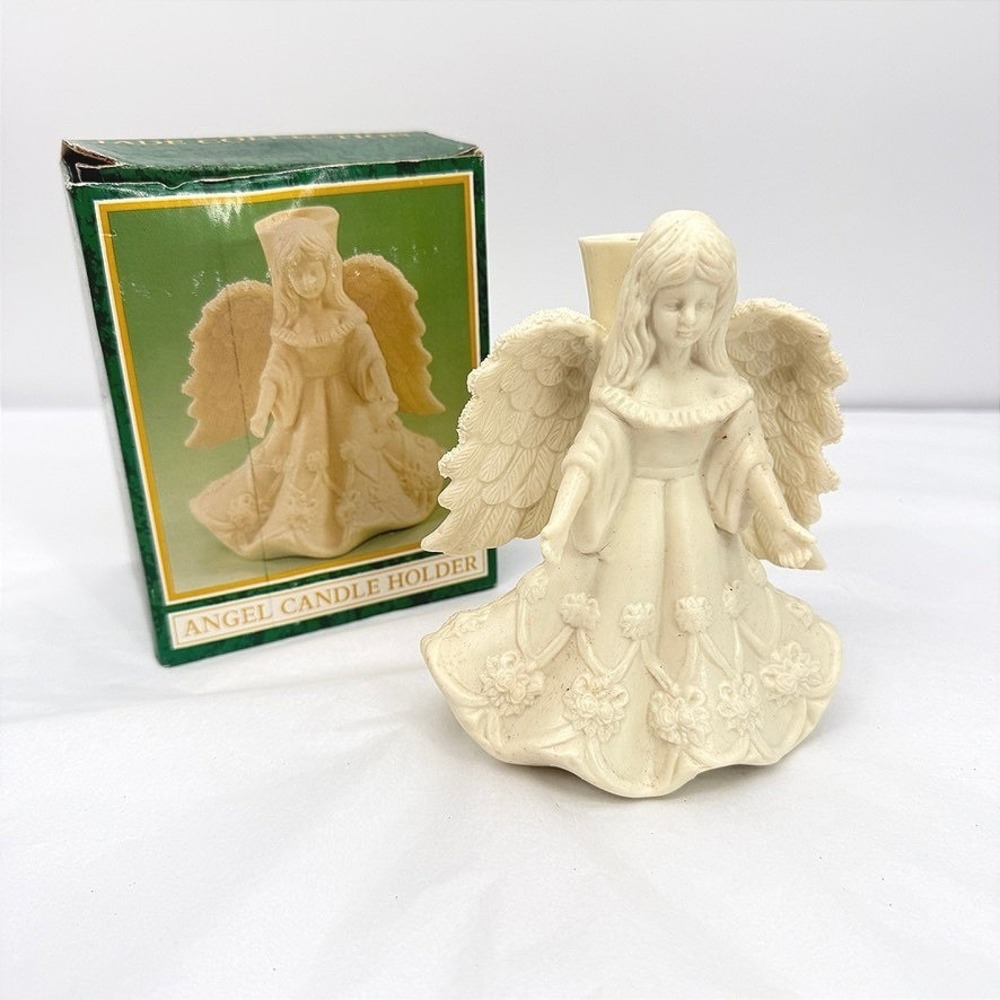Jade Collection Angel Candle Holder Ivory Resin Floral Christmas Decor Elegant